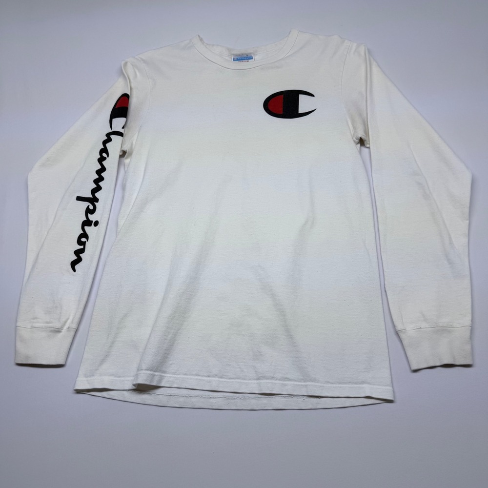 Champion Long Sleeve T Shirt White Script Logo Crew Neck Mens Medium